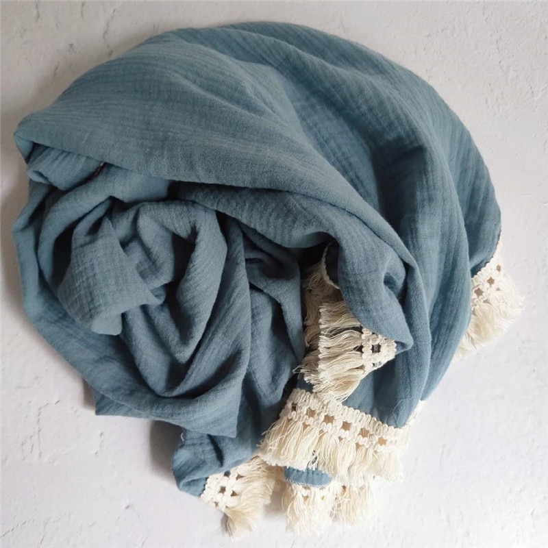 Cotton Muslin Baby Swaddle Blanket with Tassels