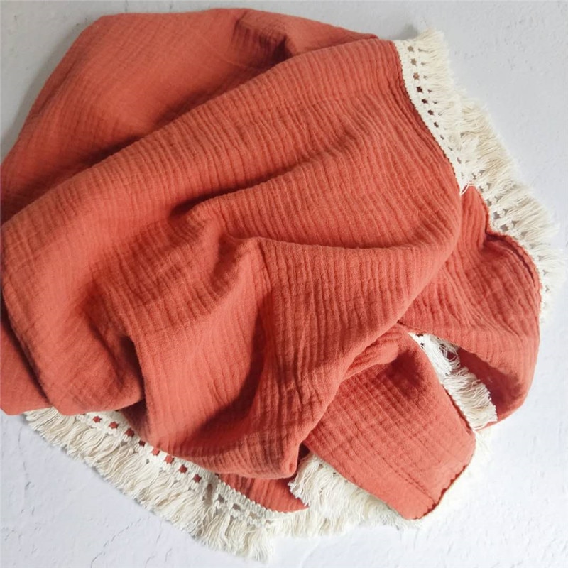 Cotton Muslin Baby Swaddle Blanket with Tassels