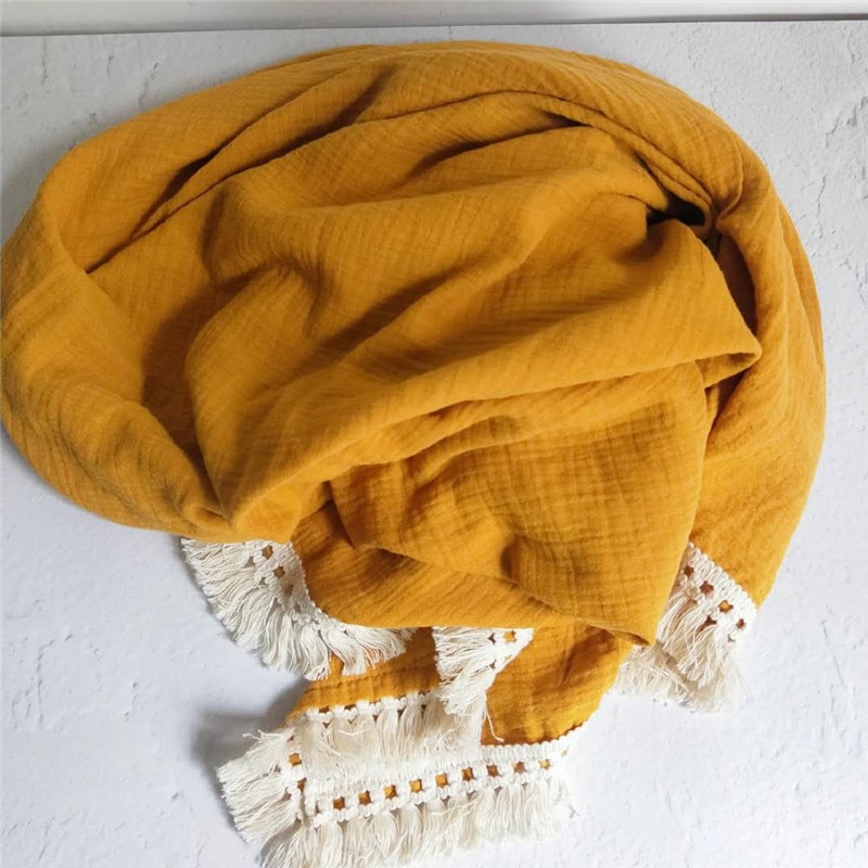 Cotton Muslin Baby Swaddle Blanket with Tassels