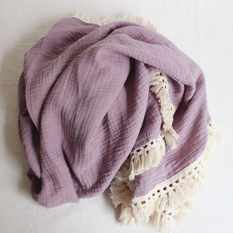 Cotton Muslin Baby Swaddle Blanket with Tassels